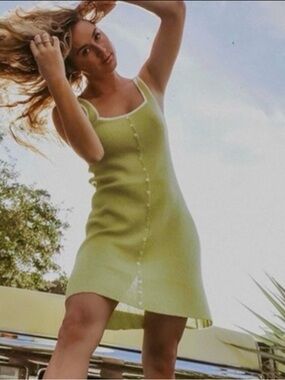 Modcloth Lime Green Knit Dress with Mock Button-Front & White Trim size XS